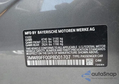 2023 BMW 330I xDrive из США, поврежденный, VIN 3MW89FF00P8D01707